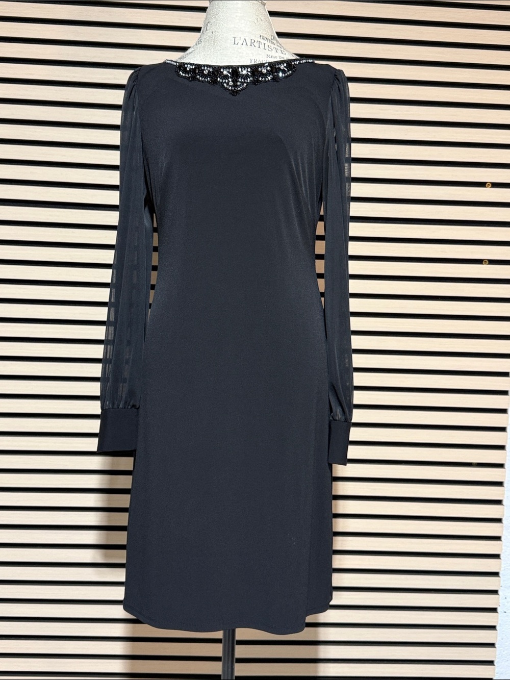 Eliza J Black Long-Sleeve Beaded Neckline Dress